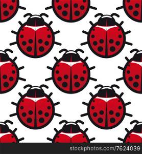 Seamless background pattern of cartoon red and black spotted ladybugs or ladybirds in square format. Seamless background pattern of ladybugs