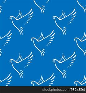 Seamless background pattern of graceful flying doves of peace on a blue background in square format