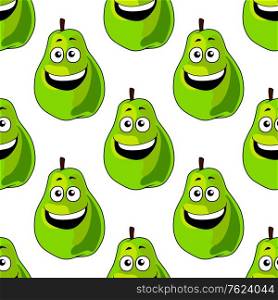Seamless background pattern of happy green pears with a single repeat motif with a big joyful toothy smile in square format suitable for textile or wallpaper design. Seamless pattern of happy green pears