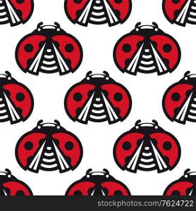 Seamless background pattern of little spotted red ladybugs or ladybirds with opened wings in a repeat motif square format for wallpaper or fabric design. Seamless pattern of little spotted red ladybugs
