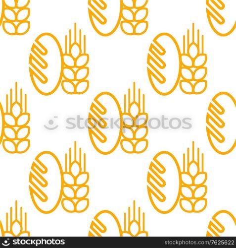 Seamless background pattern of repeat French baguette with an ear of ripe yellow wheat isolated on white background in square format. Suitable for bread and bakery industry. Seamless pattern of bread and bakery symbol