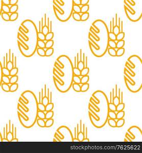 Seamless background pattern of repeat French baguette with an ear of ripe yellow wheat isolated on white background in square format. Suitable for bread and bakery industry. Seamless pattern of bread and bakery symbol