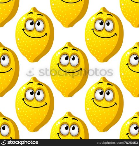 Seamless background pattern of smiling yellow cartoon lemons with googly eyes in square format for wallpaper or textile design. Seamless pattern of smiling yellow lemons