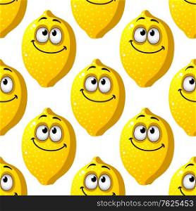Seamless background pattern of smiling yellow cartoon lemons with googly eyes in square format for wallpaper or textile design. Seamless pattern of smiling yellow lemons