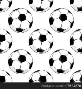 Seamless background pattern of soccer balls with the traditional black and white pentagonal pattern in square format suitable for wallpaper design