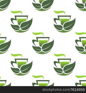 Seamless background pattern of steaming cups green organic tea with green leaves in a bio concept background