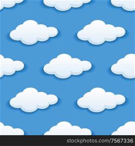 Seamless background pattern of white fluffy clouds in blue sky suitable for children&rsquo;s wallpapers, tiles, textile and design backgrounds in square format