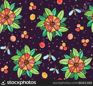 Seamless background pattern. Watercolor hand-drawn flowers and bees. Vector illustration.