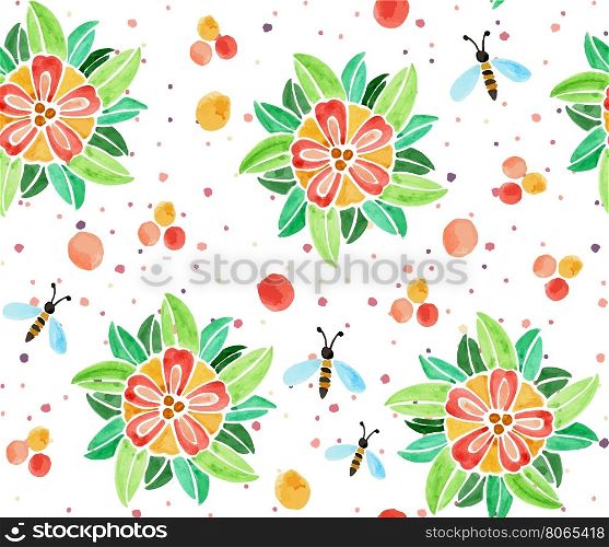 Seamless background pattern. Watercolor hand-drawn flowers and bees. Vector illustration.