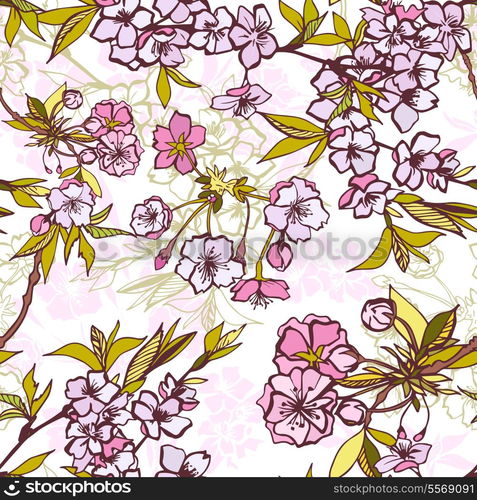 Seamless background pattern with blossoming cherry or sakura elements vector illustration