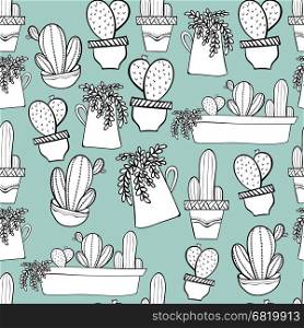 Seamless background pattern with cactus in pots. Indoor plants in a flat style. Natural background with cacti. Vector illustration.