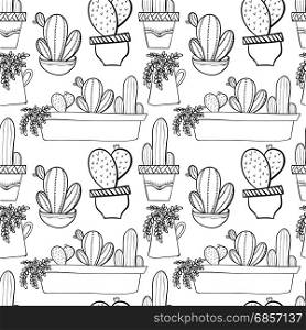 Seamless background pattern with cactus in pots. Indoor plants in a flat style. Natural background with cacti. Vector illustration.