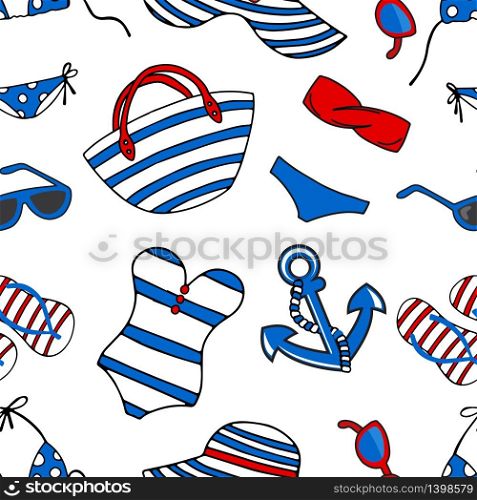 Seamless background pattern with summer symbols. Swimsuits, hat, sun ghlasses, flip flop and anchor.