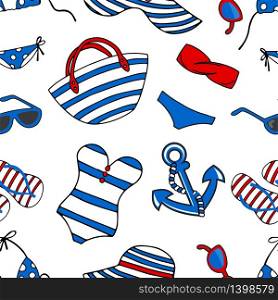 Seamless background pattern with summer symbols. Swimsuits, hat, sun ghlasses, flip flop and anchor.