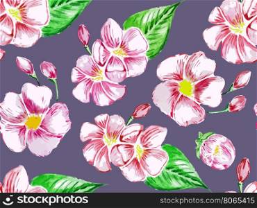 Seamless background pattern with watercolor cherry flowers. Vector illustration.