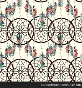 seamless background, retro pattern, ethnic doodle collection, tribal design. Hand drawn illustration with indian dreamcatchers and feathers. seamless background, retro pattern, ethnic doodle collection, tribal design. Hand drawn illustration