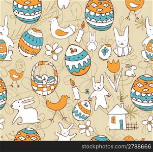 Seamless background with a children&acute;s scribble of a hare, egg, chicken, flowers, houses