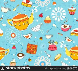 Seamless background with a teapot, cups and cakes