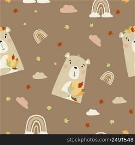 Seamless background with autumn bear. Cute animal with a bouquet of autumn leaves on a brown background with a rainbow and clouds. Vector illustration. Scandinavian style for design, decor, textiles