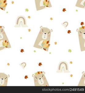 Seamless background with autumn bear. Cute animal with a bouquet of autumn leaves on white background with a rainbow and leaves. Vector illustration. Scandinavian style. Childrens collection