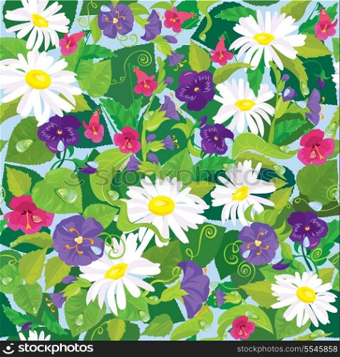 Seamless background with beautiful flowers - camomile, pansy, bellflower.