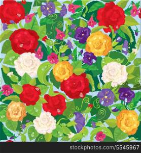 Seamless background with beautiful flowers - rose, pansy, bellflower