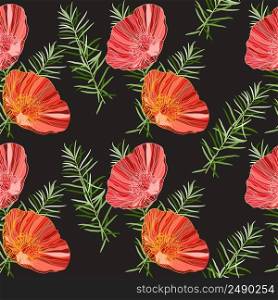 Seamless background with bright poppies and curly asparagus on a black background. Vector illustration