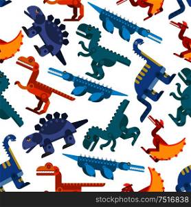 Seamless background with colorful pattern of jurassic reptiles and flying lizards. For child books, history or interior design . Colorful seamless pattern of jurassic dinosaurs