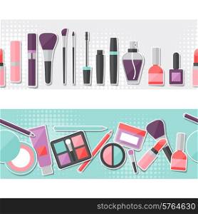 Seamless background with cosmetics sticker icons.