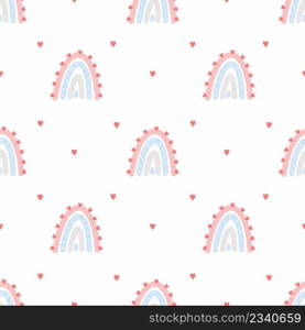 Seamless background with cute rainbow and pink heart. Endless pattern for sewing children clothes and printing on fabric. Packing paper. Hand drawn illustration.