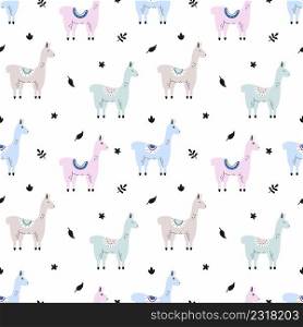 Seamless background with doodle style lama. Background for sewing clothes and printing on fabric. Decor of children’s room.