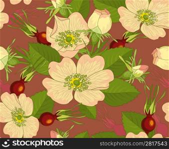 Seamless background with flowers and rosehip on red-brown background.