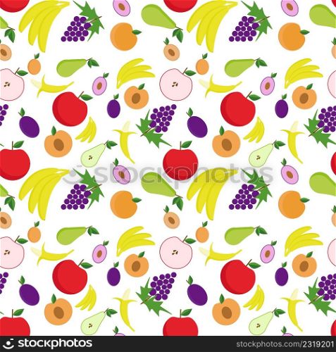 Seamless background with fruits. Vector illustration with pear, apple, peach, grapes, bananas, apricots. Background for wrapping paper, clothes, children s creativity pattern. Vector illustration with pear, apple, peach, grapes, bananas, apricots.