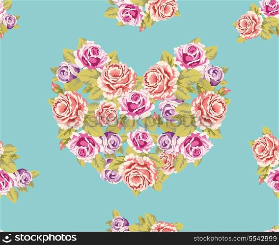 Seamless background with heart made of roses on a turquoise background
