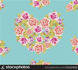 Seamless background with heart made of roses on a turquoise background
