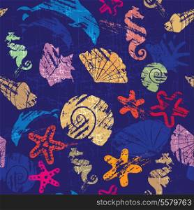 Seamless background with Marine life - pattern with shells, seahorses, dolphins, sea stars