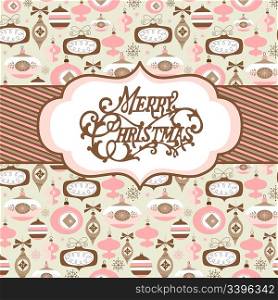 Seamless background with pink, broun and white christmas baubles and a banner