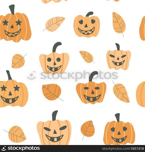 Seamless background with pumpkin faces for Halloween. Autumn background with vegetables and leaves. Vector illustration of cartoon pumpkin. Template for packaging, fabric and wallpaper.. Seamless background with pumpkin faces for Halloween.