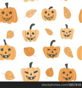 Seamless background with pumpkin faces for Halloween. Autumn background with vegetables and leaves. Vector illustration of cartoon pumpkin. Template for packaging, fabric and wallpaper.. Seamless background with pumpkin faces for Halloween.