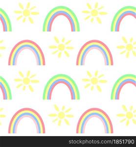 Seamless background with rainbows and sun, vector illustration. Colorful background for children. Multicolored rainbows between the yellow sun. Wallpaper or packaging for the baby.. Seamless background with rainbows and sun, vector illustration.