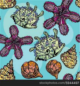 Seamless background with sea life - pattern with shells and sea stars. Handdrawn picture.