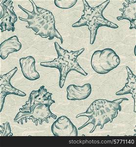 Seamless background with shells. Hand drawn illustration.. Seamless background with shells.