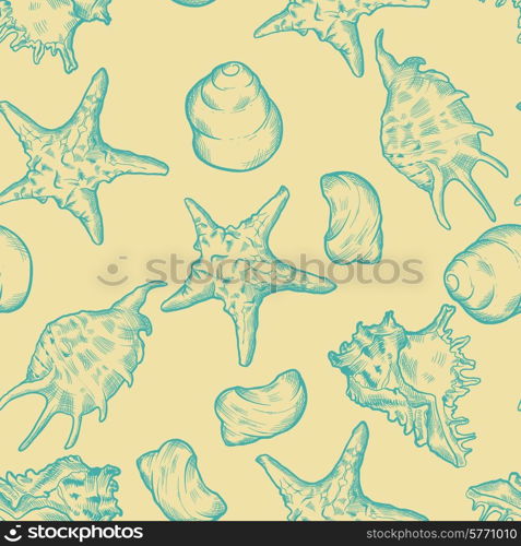 Seamless background with shells. Hand drawn illustration.. Seamless background with shells. Hand drawn illustration