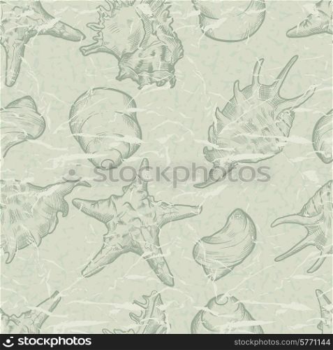 Seamless background with shells. Hand drawn illustration.. Seamless background with shells. Hand drawn illustration