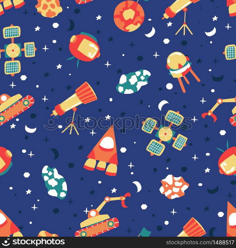 Seamless background with spaceships and stars, Space vector illustration