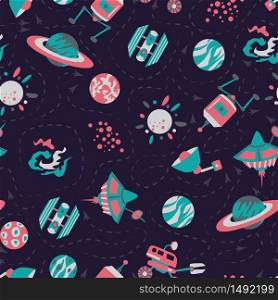 Seamless background with spaceships and stars, Space vector illustration