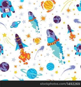 Seamless background with spaceships and stars, Space vector illustration