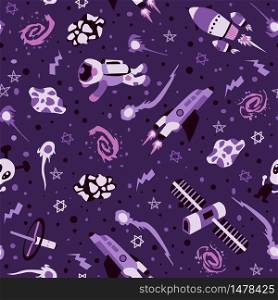 Seamless background with spaceships and stars, vector illustration