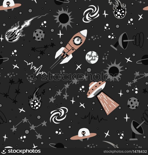 Seamless background with spaceships and stars, vector illustration