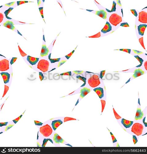Seamless background with swallows and watercolor blots. Vector illustration.